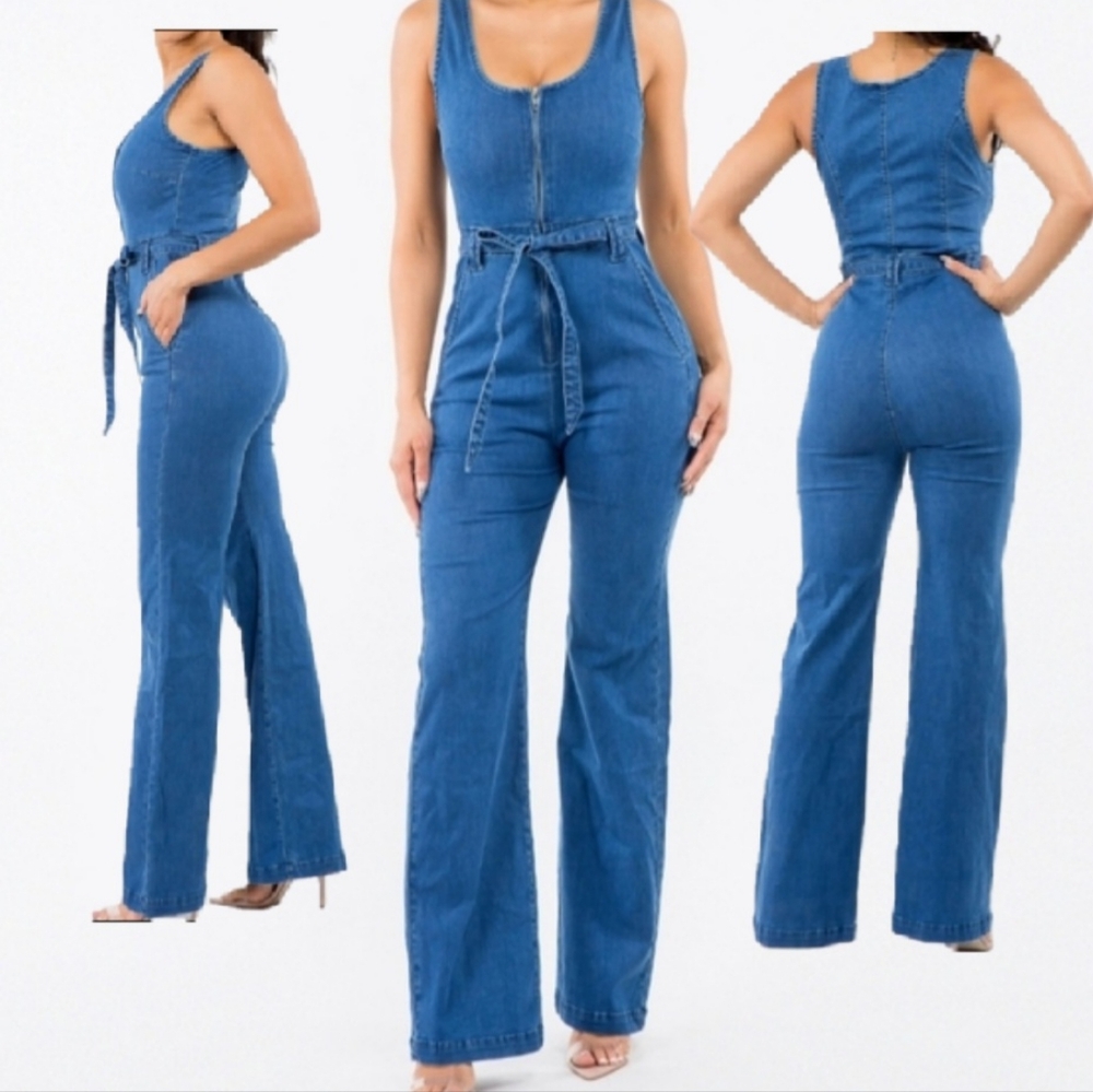 #432 🛑48 M, L BOHO OVERALL DENIM WIDE LEG SLEEVELESS JU